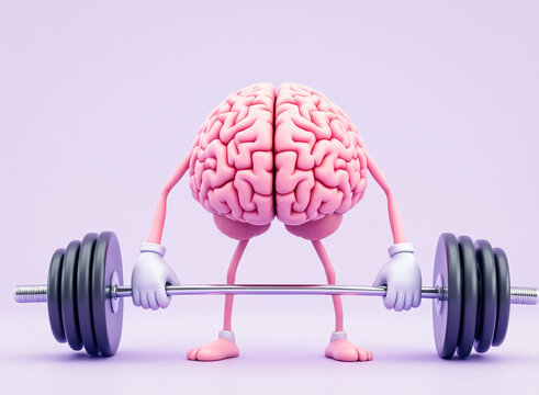 pink brain character is lifting weights symbolizing mental fitness and strength.