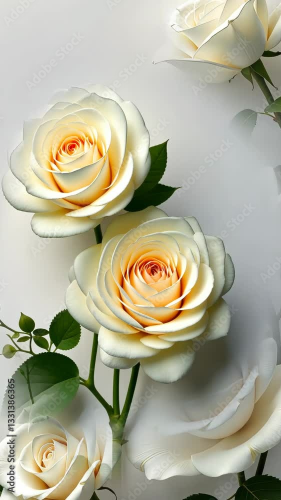 Poster a bouquet of white roses with green leaves. the roses are arranged in a row and are placed on a whit