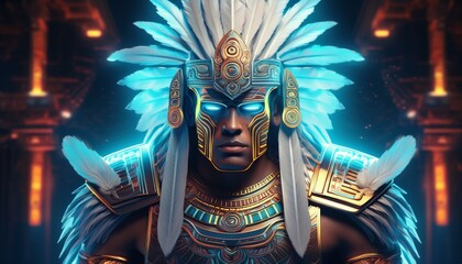 Obraz premium Striking futuristic concept: an Aztec priest wearing intricately designed glowing neon ceremonial armor, blending ancient culture with advanced technology.