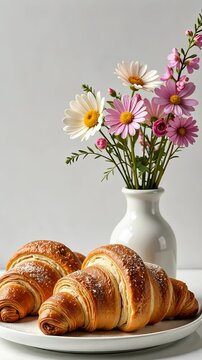 A plate with two croissants and a vase of flowers. The croissants are placed next to each other on the plate
