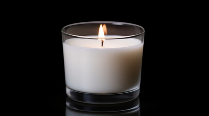 Lit White Candle in Glass Jar Black Background