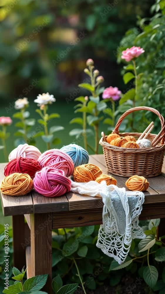 Poster a basket of yarn is on a table next to a white cloth. the yarn is in various colors and is arranged 