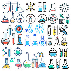 Chemical test tube pictogram icons set. Chemical lab equipment isolated on white. Experiment flasks for science experiment. Chemical Test Tubes Icons Set. Vector. Test tubes filled colorful liquids. 