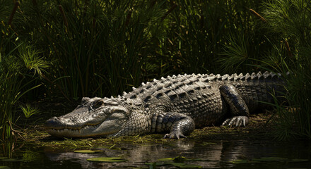 Obraz premium A large alligator rests near the water amongst the tall grass