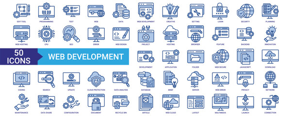 Web Development icon collection set. Containing programming, data, creative, hosting, project, browser, innovation, application, coding, database icon. Simple blue vector.