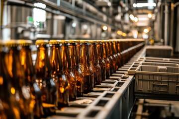 close-up photo of glass bottles of beer on the production line in factory 