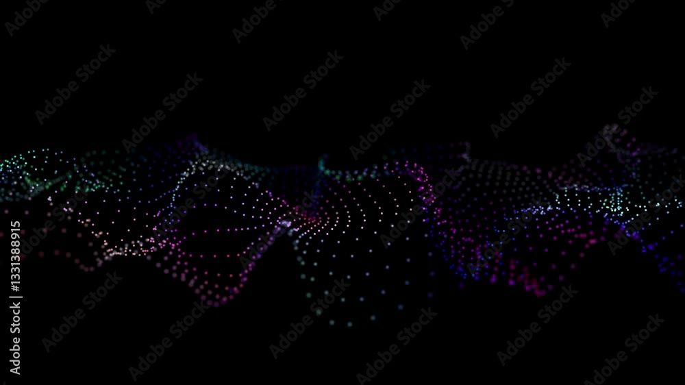 Poster Digital background with musical glowing particles. Big data visualization. 3d rendering. Seamless loop.