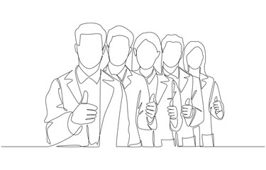 Continuous one line drawing of researchers standing in line giving thumbs up gesture, scientific operational research team concept, single line art