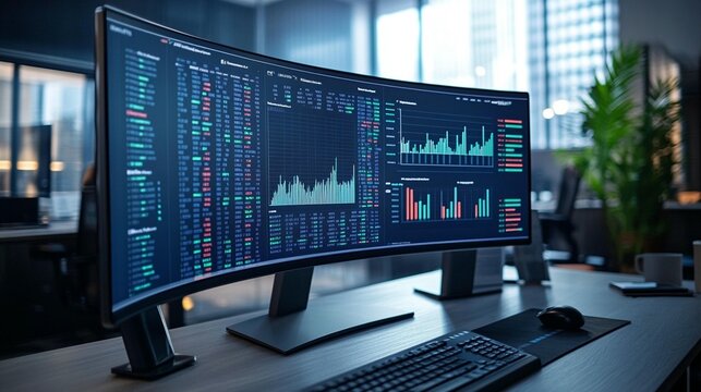 Ultrawide monitor displays stock market data, charts, and graphs in a modern office. - Powered by Adobe