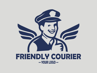 delivery courier carries a package box with a friendly face logo vector, friendly and professional delivery man uniform holds a package with a cheerful smile illustration logo vector