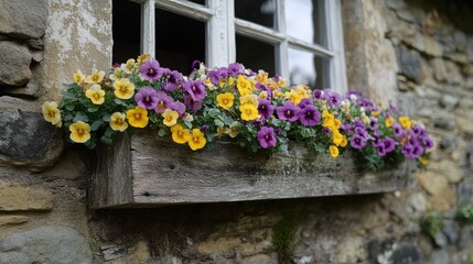 Colorful pansies in a rustic wooden window box