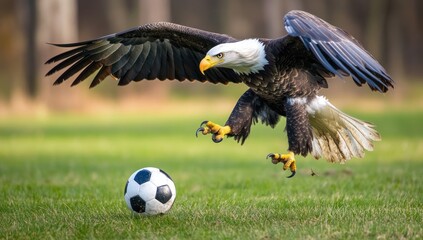 majestic bald eagle soaring powerfully to score with a soccer ball on a lush green field