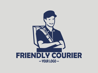 delivery courier carries a package box with a friendly face logo vector, friendly and professional delivery man uniform holds a package with a cheerful smile illustration logo vector