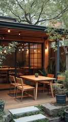 Fototapeta premium wooden patio furniture set on a deck surrounded by greenery
