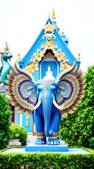 Fototapeta premium ornate blue elephant statue with golden wings at a temple