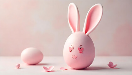 Fototapeta premium A cute bunny egg with delightful pink ears on a light pastel background, Easter celebration, Pastel Pink Egg with Adorable Bunny Ears, Playful Easter Fun, happy easter 2025, created with generative ai