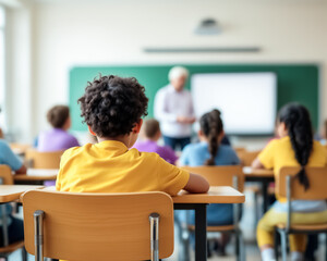 student in yellow shirt attentively listens to a teacher's presentation in a classroom setting