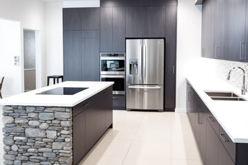 Fototapeta premium modern kitchen with dark gray cabinetry stainless steel appliances and a stone island