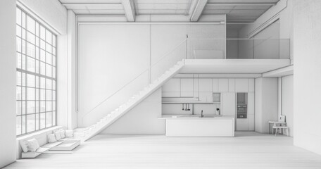 Modern white loft apartment interior design rendering with staircase, kitchen, and large window.
