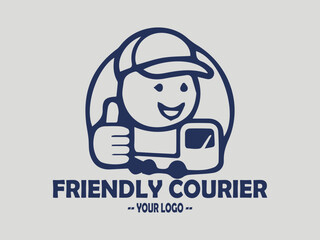 delivery courier carries a package box with a friendly face logo vector, friendly and professional delivery man uniform holds a package with a cheerful smile illustration logo vector