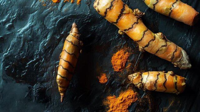 A close-up shot of fresh turmeric roots on a dark surface, with scattered turmeric powder nearby. The vibrant orange color of the root contrasts beautifully with the textured dark background