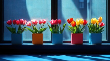 Colorful tulips in small pots on a windowsill