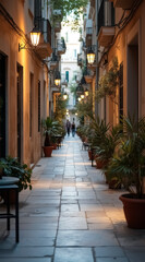 Fototapeta premium picturesque alleyway with warm lighting potted plants and buildings