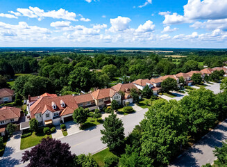 Obraz premium aerial view of a picturesque residential street with uniform houses and lush greenery