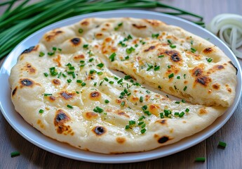 Freshly Baked Flatbread with Chopped Chives and Golden Brown Crust on a White Plate Surrounded by Green Onions on a Wooden Table