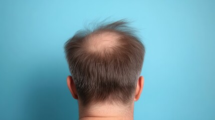 Balding man with thinning hair against a bright blue background showcasing male pattern baldness