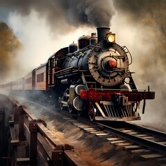 Naklejka premium Old steam locomotive chugging along a track 