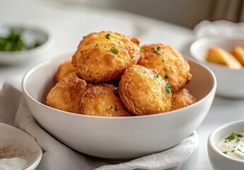 Freshly baked golden brown pastries served in a bowl with dipping sauces and garnished with green herbs on a light textured background.