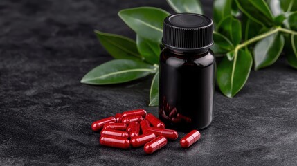 Red pills and green leaves, exploring natural health wellness concepts red