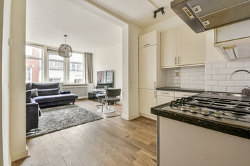 Stylish living area featuring a sofa, television, and kitchen space with modern appliances, complemented by wooden flooring and ample natural light.