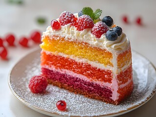 Vibrant Rainbow Layered Cake Slice with Whipped Cream and Berries on a White Background
