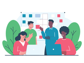 Diverse team collaborating on a project using a visual board