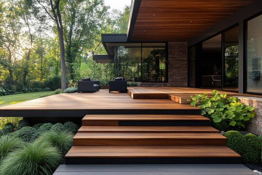 Modern deck with tiered steps leading to a home. Ideal for showcasing luxury home design, outdoor living, and landscaping.