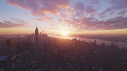 Fototapeta premium Grand urban skyline with dramatic red sunset high resolution picture