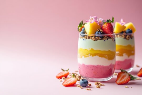 A vibrant layered yogurt parfait in a glass, featuring strawberries, mango, blueberries, granola, and edible flowers, set against a pastel pink background. - Powered by Adobe