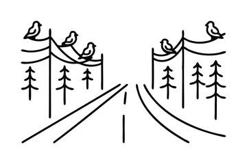  Birds chirp along the road. line art flat vector illustration.