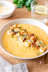 Cheese cream soup with croutons. Healthy food. Vegetarian food.