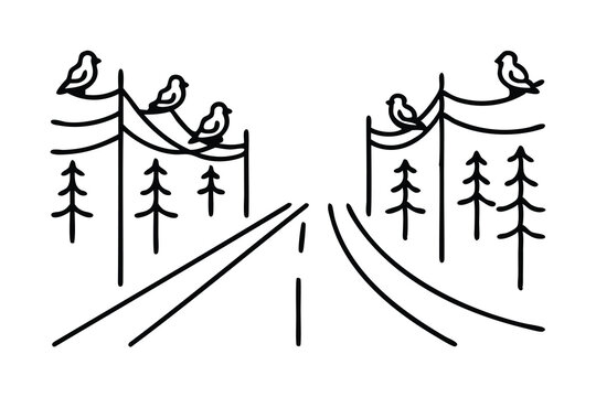  Birds chirp along the road. line art flat vector illustration.