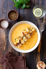 Cheese cream soup with croutons. Healthy food. Vegetarian food.
