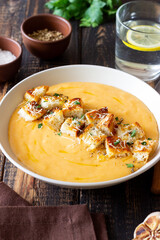 Cheese cream soup with croutons. Healthy food. Vegetarian food.
