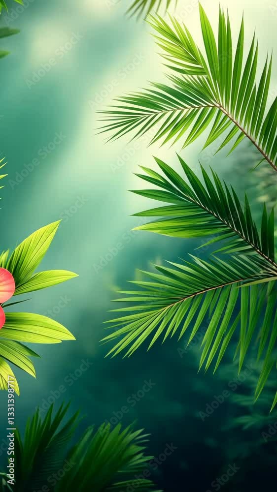 Poster a leafy green background with a red flower in the foreground. the background is filled with green le