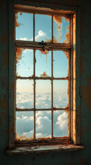 Fototapeta premium weathered window reveals a breathtaking view of clouds and a bright sky