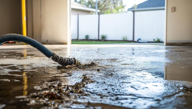 Professional interior home photo with broken water pipes, high water levels, garden hose pouring liquid, shallow puddles, low-level splashing, visible damage, concrete floor, small backyard,