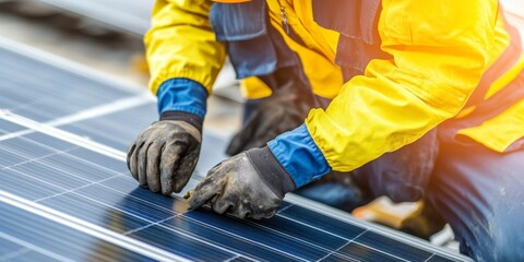 Engineers in professional gear inspect newly installed solar panels for quality and efficiency