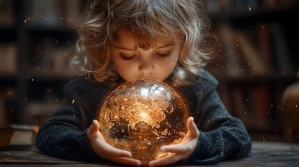 Naklejka premium A child exploring glowing digital atlases in a serene library corner dreaming of the world s uncharted wonders