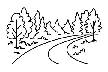 Hiking path beside forest road. line art flat vector illustration.